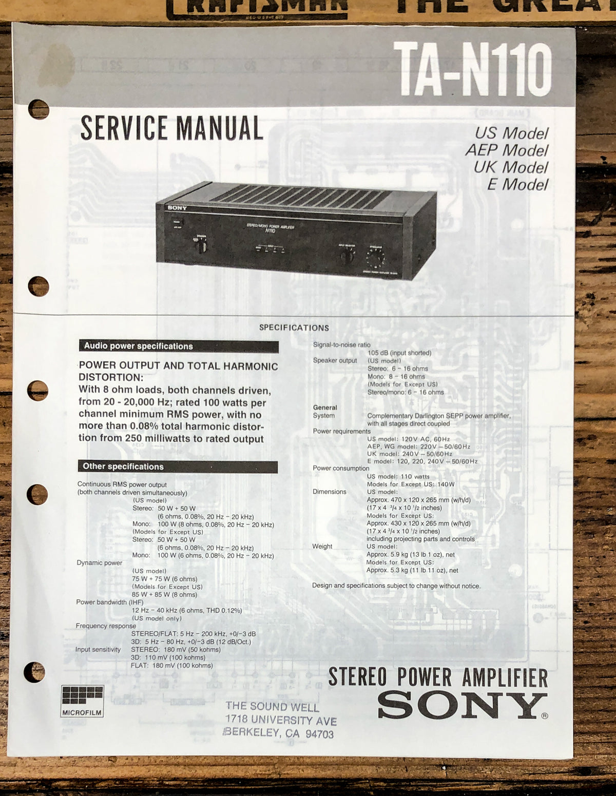 Sony TA-N110 Amplifier  Service Manual *Original*