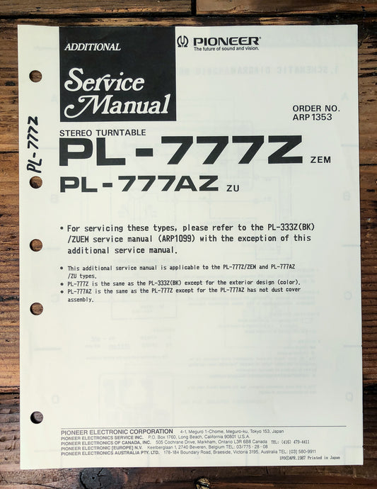 Pioneer PL-777Z PL-777AZ Turntable Supp. Service Manual *Original*