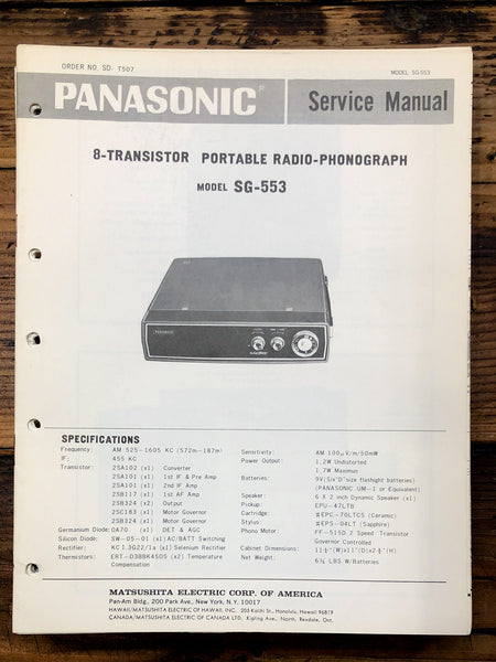 Panasonic SG-553 Record Player / Turntable  Service Manual *Original*