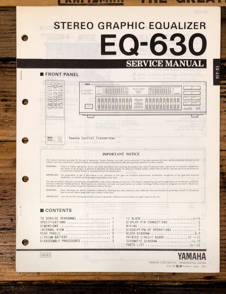 Yamaha EQ-630 Equalizer Service Manual *Original*
