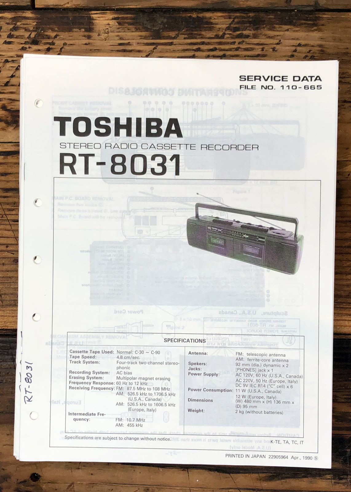 Toshiba RT-8031 Stereo Service Manual *Original*