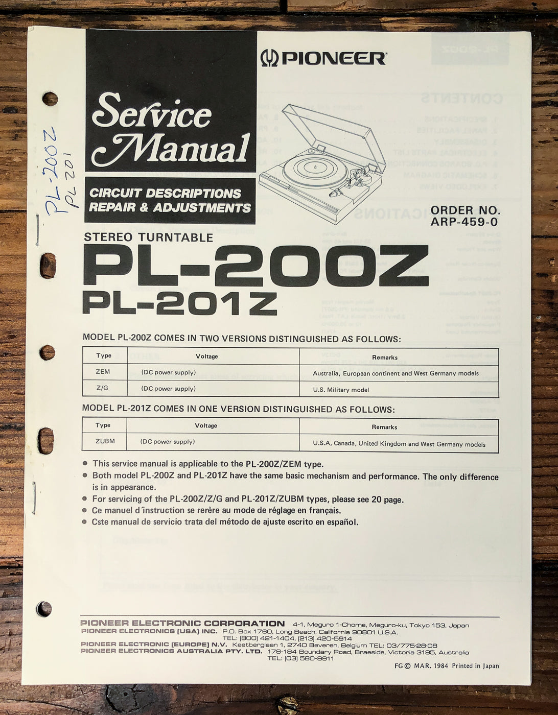 Pioneer PL-200Z PL-201Z Turntable Service Manual *Original*