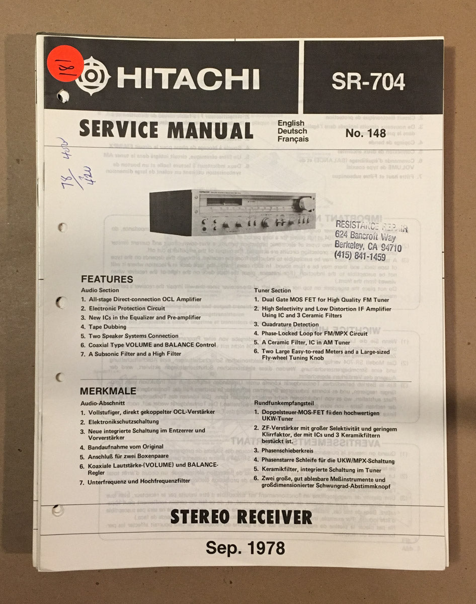 Hitachi SR-704 Receiver  Service Manual *Original*