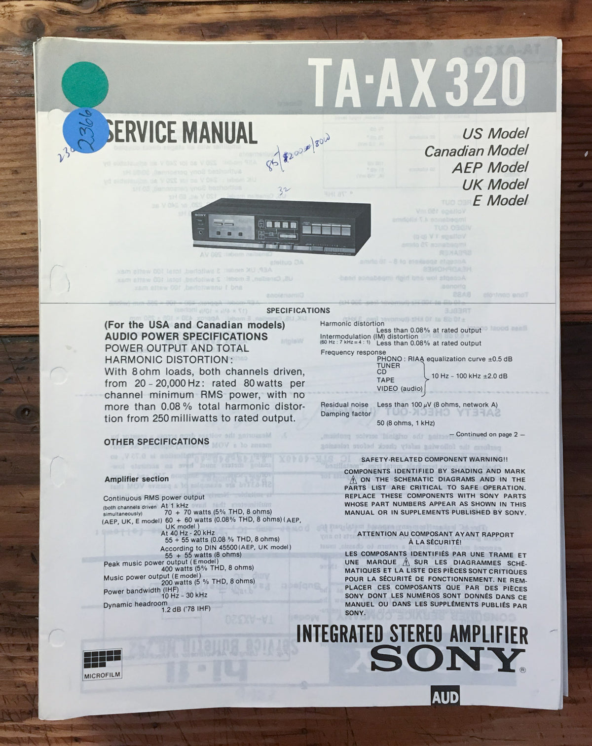Sony TA-AX320 Amplifier  Service Manual *Original*