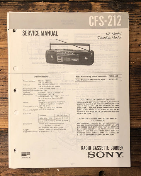 Sony CFS-212 Stereo  Service Manual *Original*