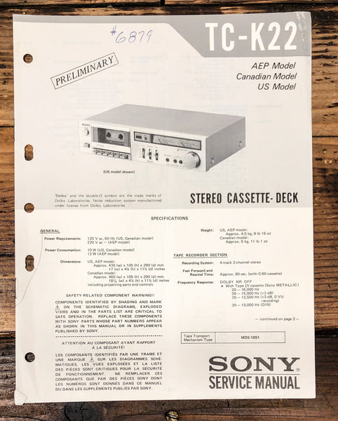 Sony TC-K22 Cassette Prelim. Service Manual *Original*