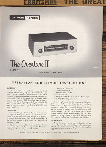 Harman Kardon Model T-12 The Overture II AM / FM Tuner Service Manual *Orig*