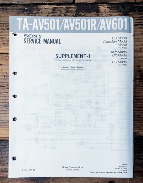 Sony TA-AV501 -AV501R -AV601 Amplifier Supp. Service Manual *Original*
