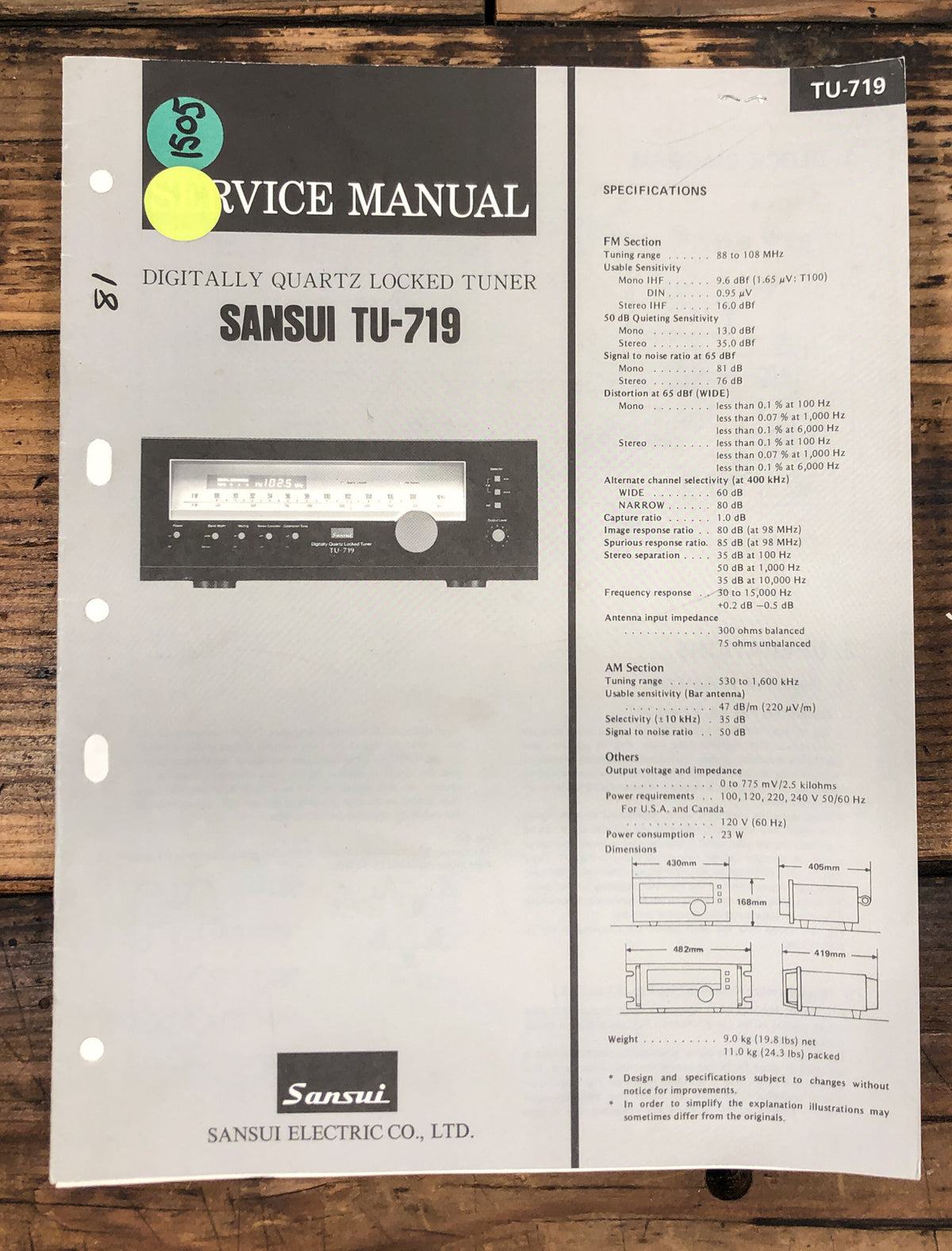 Sansui TU-719 Tuner Service Manual *Original*