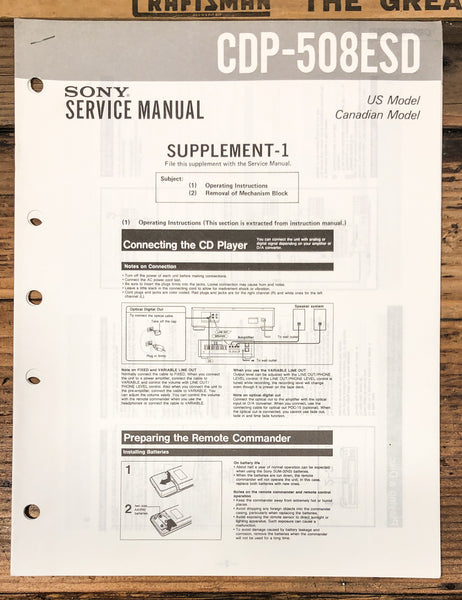 Sony CDP-508ESD CD Player Supp. Service Manual *Original*