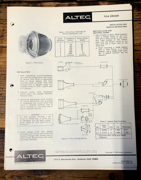Altec Model 731A Speaker / Driver  Owners Manual & Schematic *Orig*