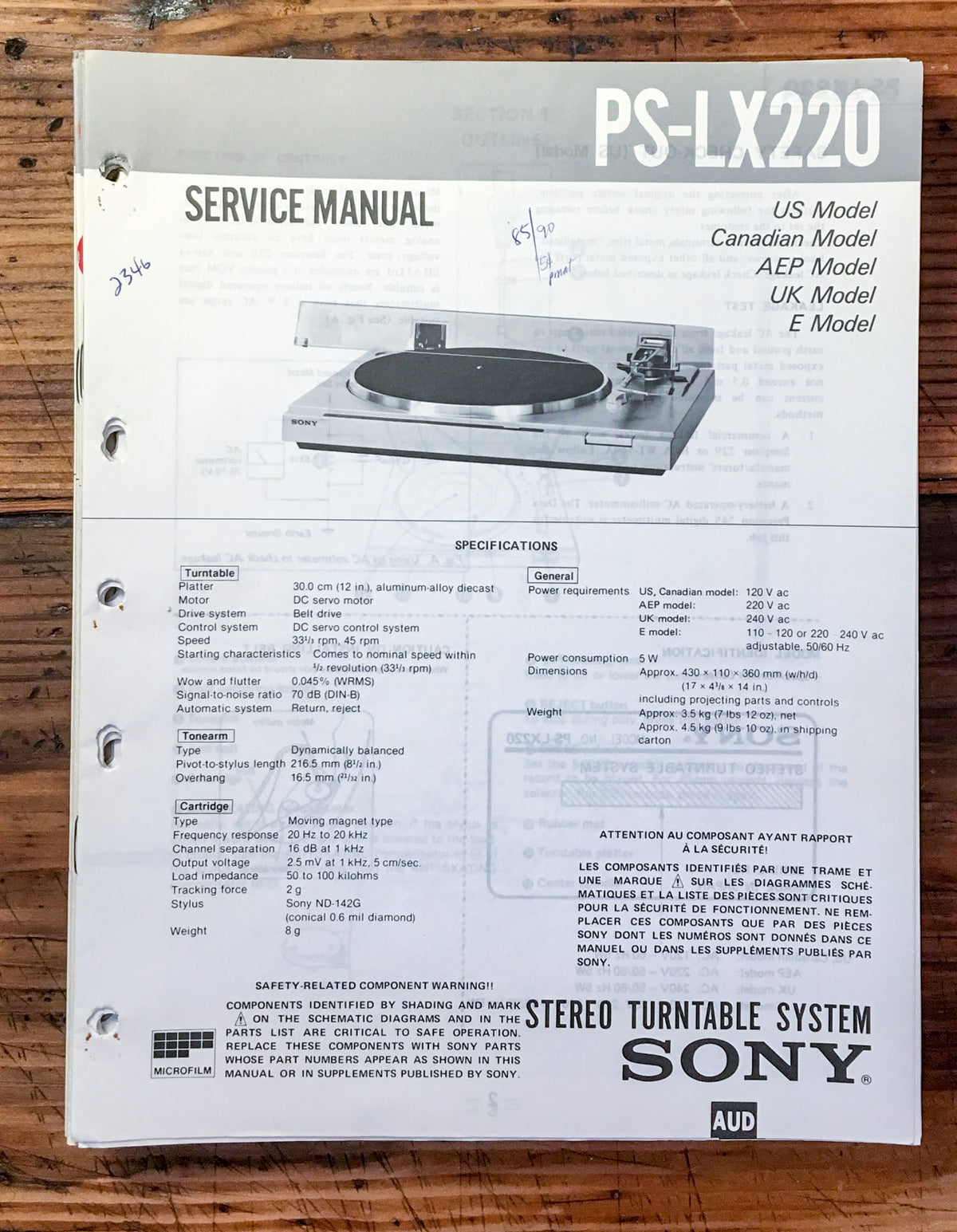 Sony PS-LX220 Record Player / Turntable  Service Manual *Original*