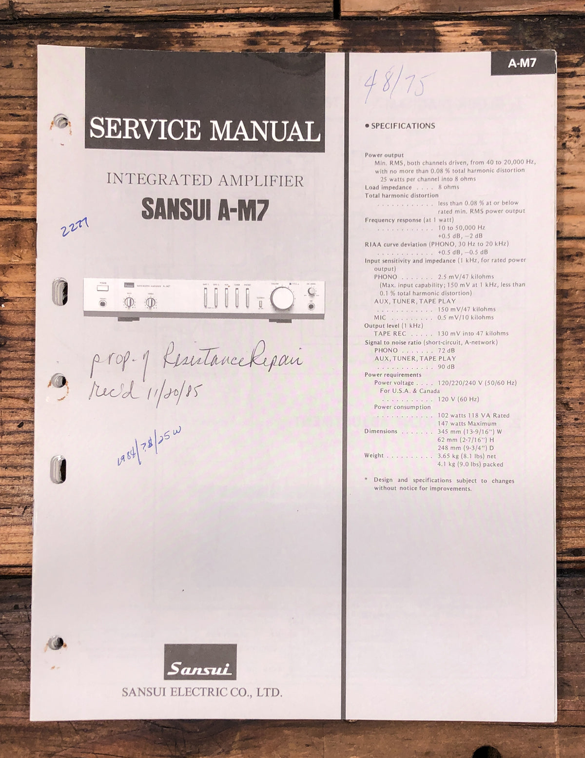 Sansui A-M7 Amplifier Service Manual *Original*
