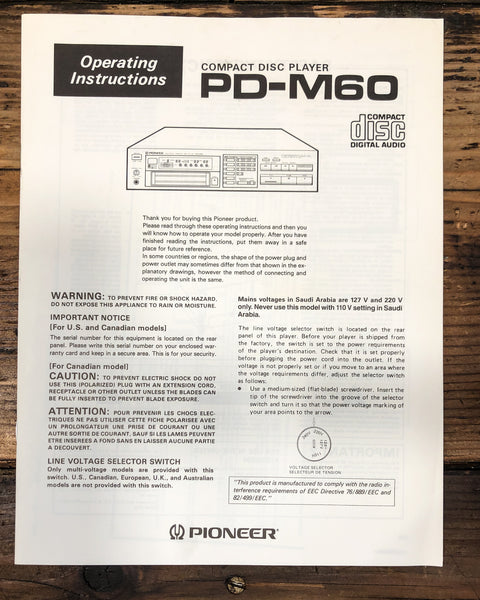 Pioneer PD-M60 CD Player Owners / User Manual *Original*