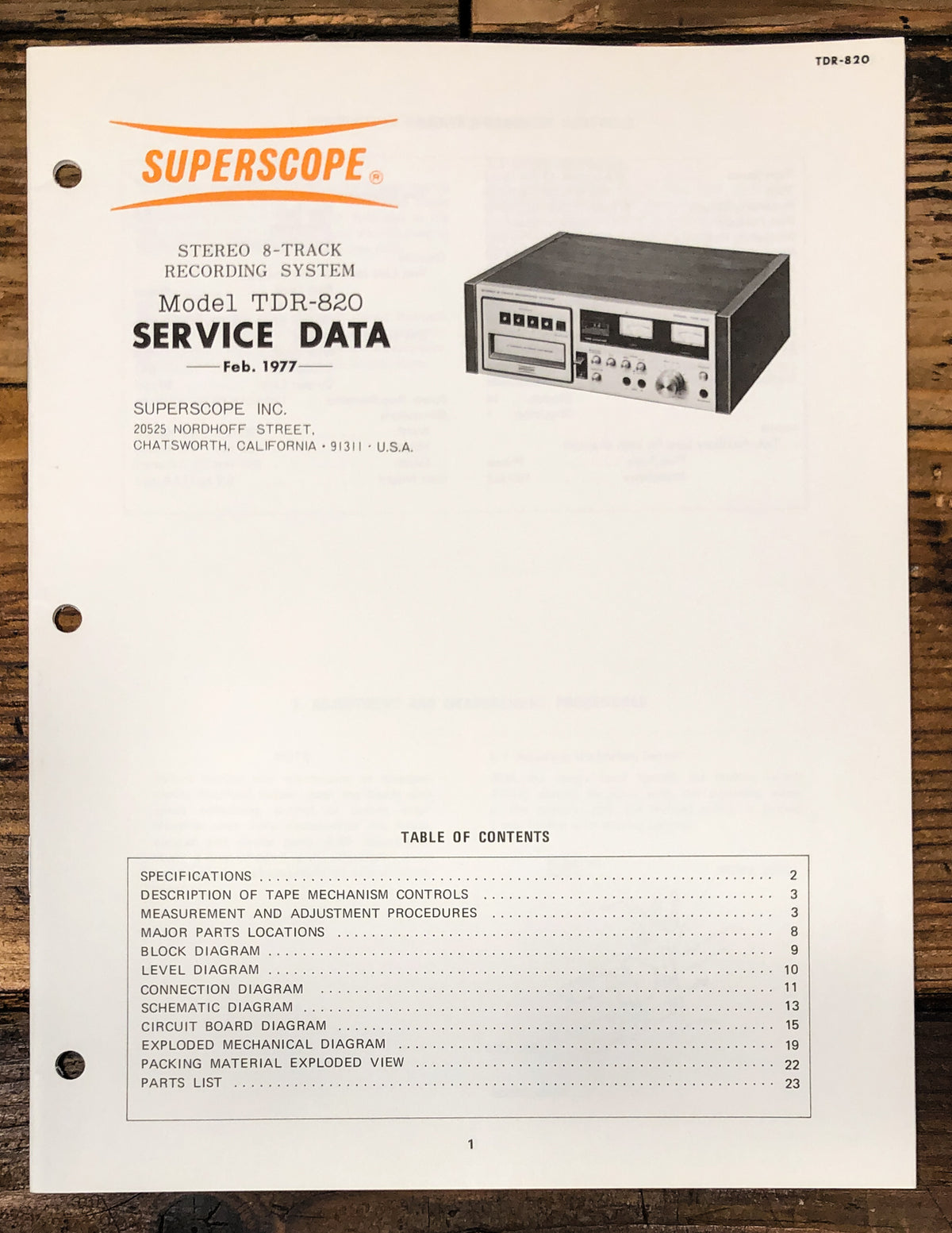Superscope TDR-820 8 Track Service Manual *Original*