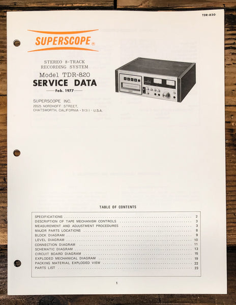 Superscope TDR-820 8 Track Service Manual *Original*
