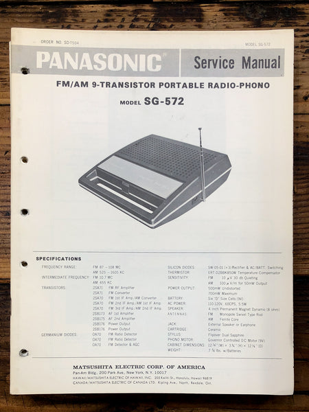 Panasonic SG-572 Record Player / Turntable  Service Manual *Original*