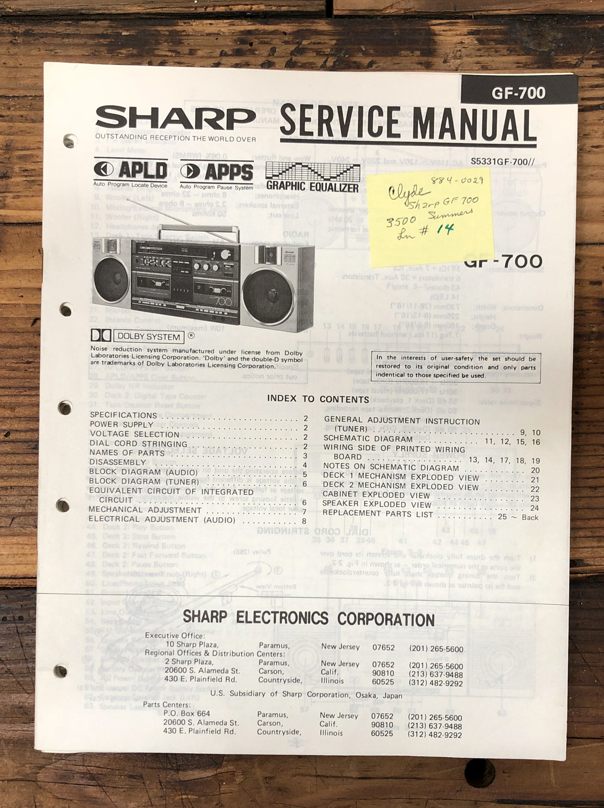 Sharp GF-700 Radio Cassette  Service Manual *Original*