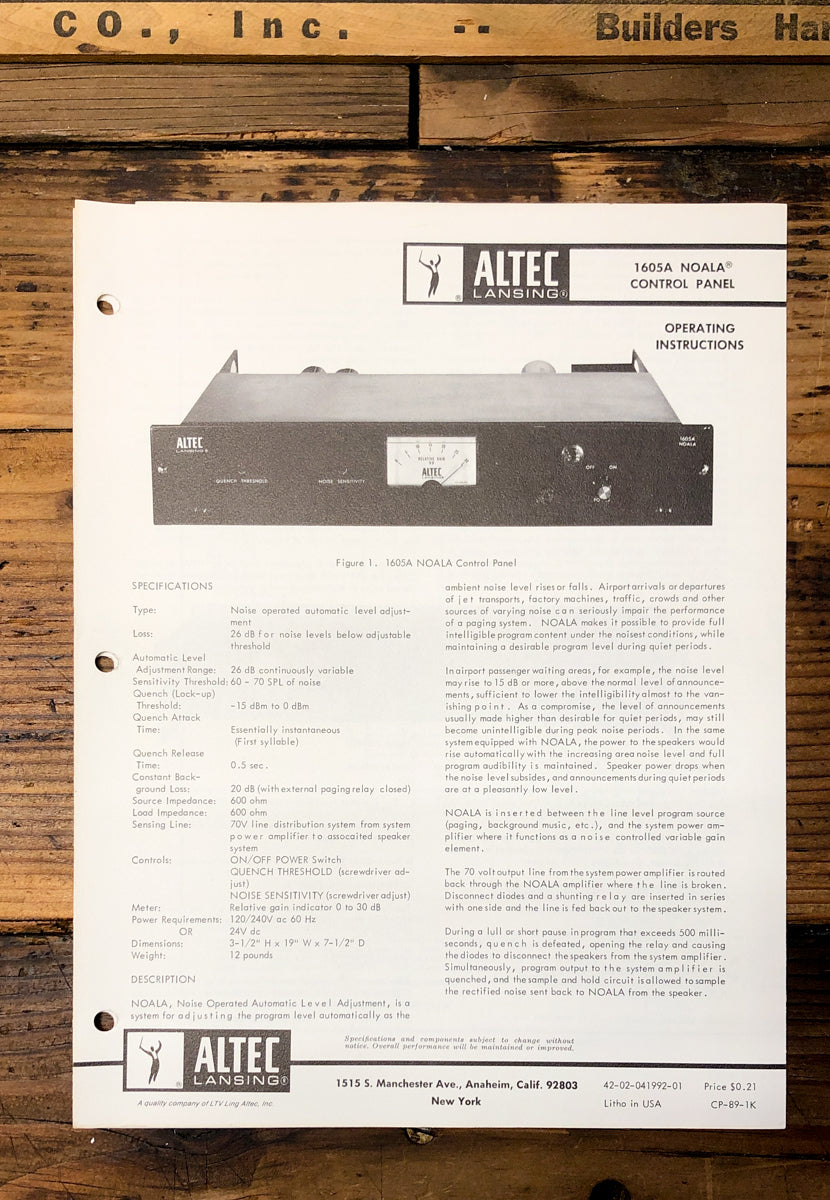 Altec Model 1605A NOALA Amplifier  Owner / User Manual *Original*
