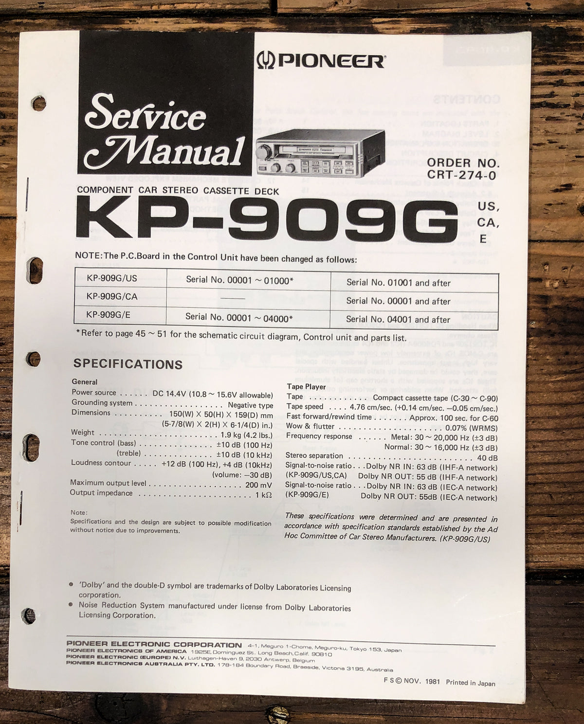 Pioneer KP-909G Car Cassette Service Manual *Original*