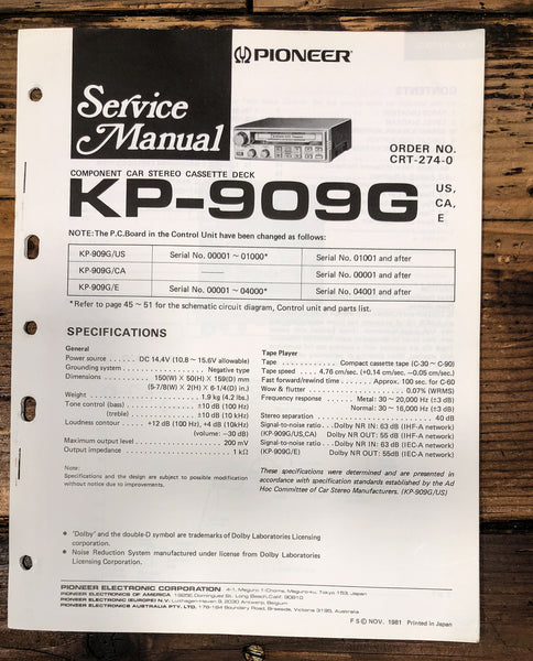 Pioneer KP-909G Car Cassette Service Manual *Original*