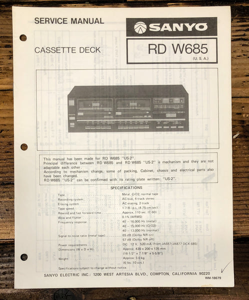 Sanyo RD W685 RD-W685 Cassette Service Manual *Original*