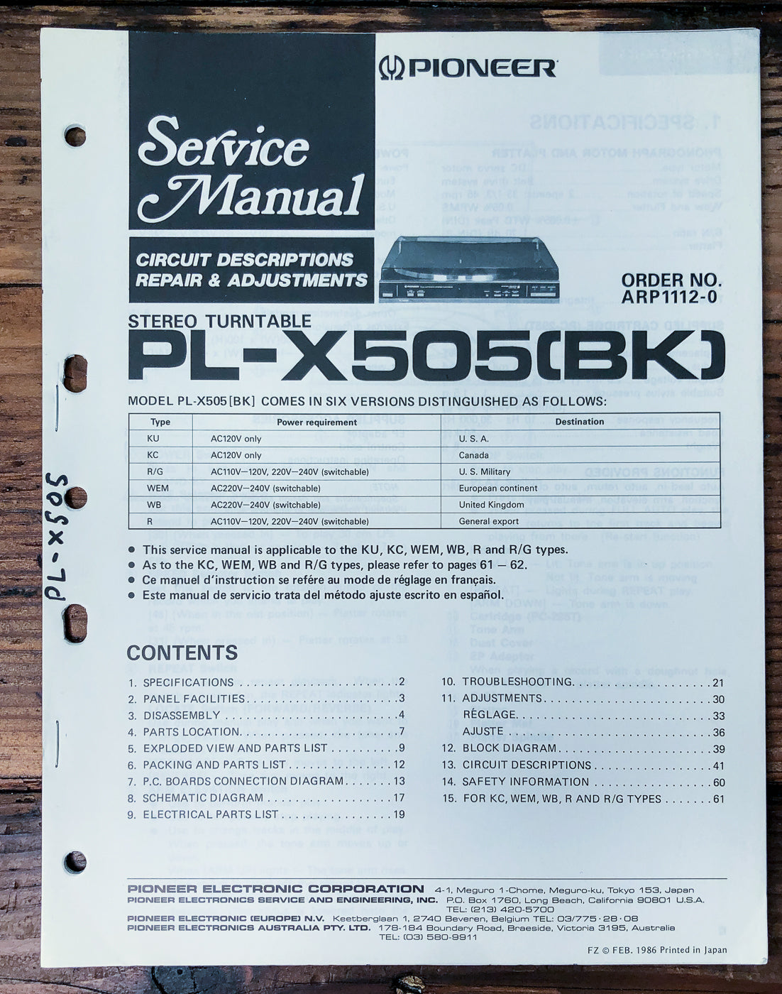 Pioneer PL-X505 Turntable Service Manual *Original*