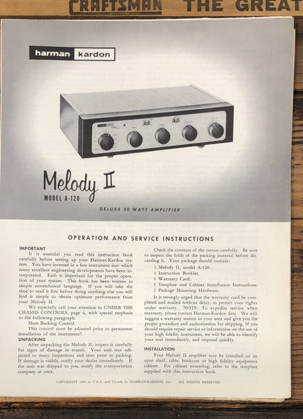 Harman Kardon Model A-120 Melody II Amplifier  Service Manual *Original* #1