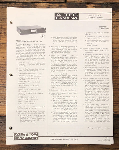 Altec Model 1605C NOALA Control  Owners & Schematic Manual *ORIGINAL*