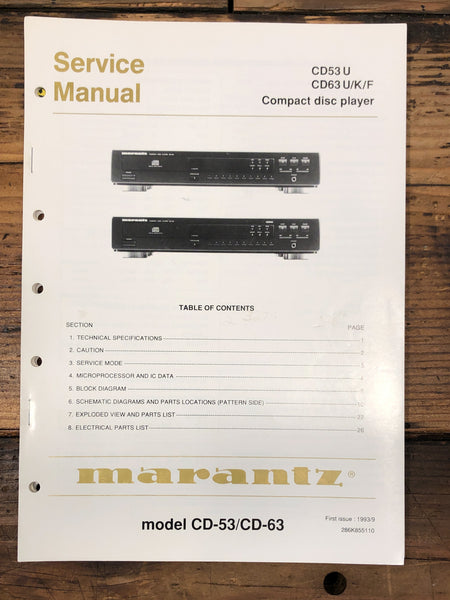 Marantz CD53 CD63 CD Player  Service Manual *Original*