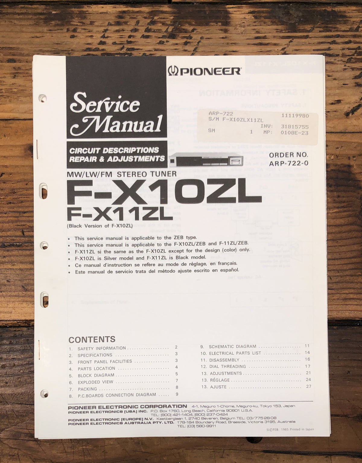 Pioneer F-X10ZL F-X11ZL Tuner  Service Manual *Original*