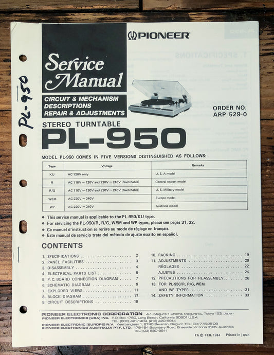 Pioneer PL-950 Turntable Service Manual *Original*