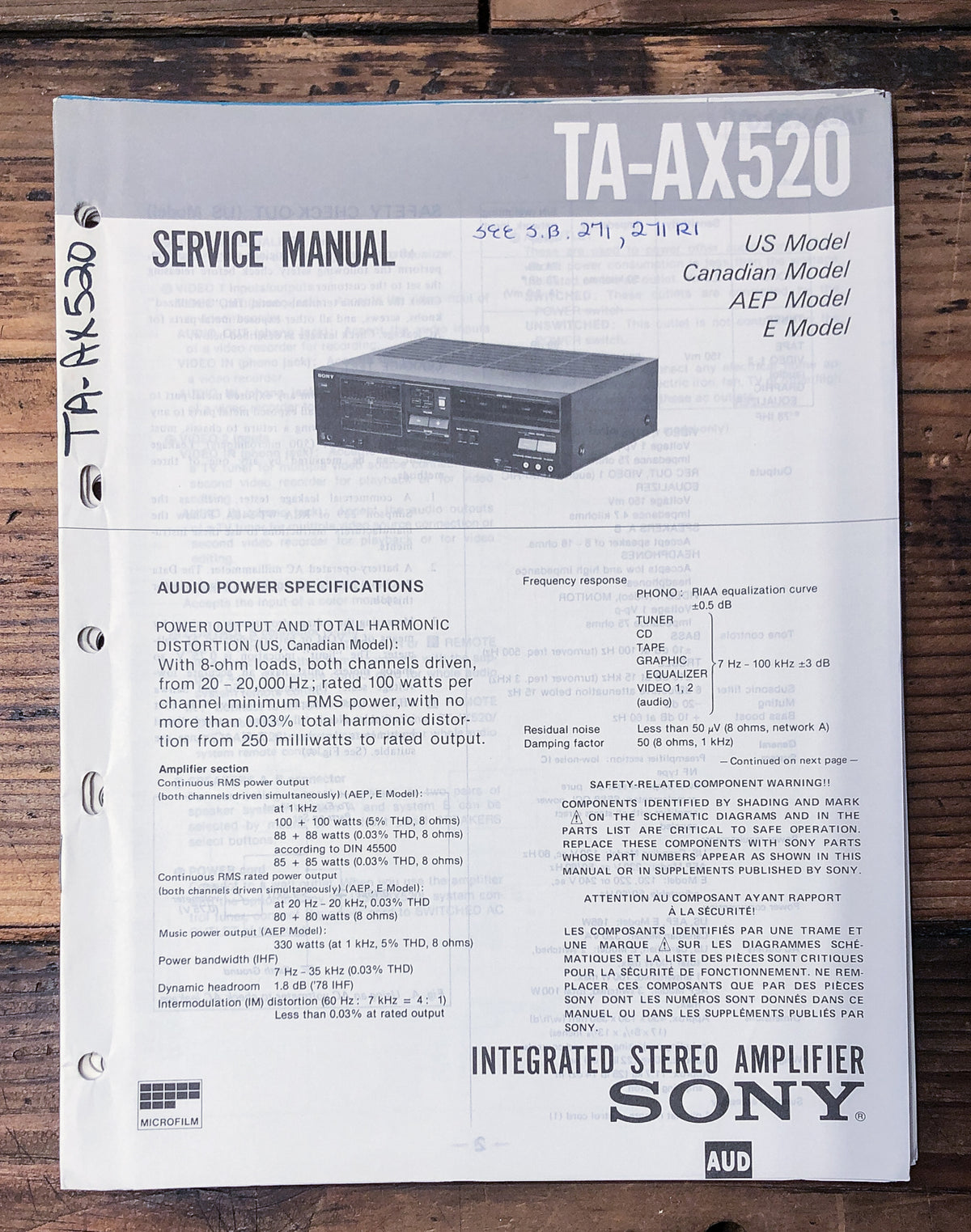 Sony TA-AX520 Amplifier  Service Manual *Original*