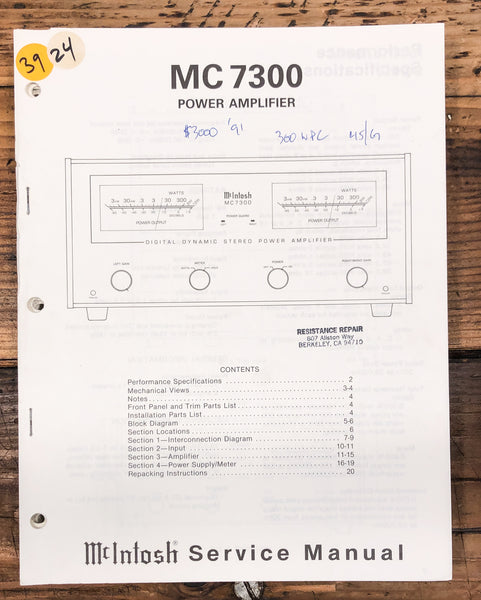 McIntosh MC7300 MC-7300 Amplifier  Service Manual *Original*