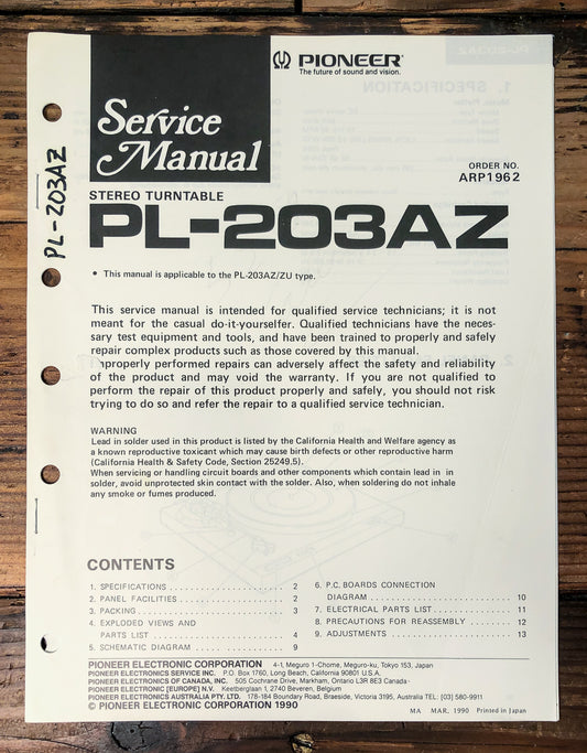 Pioneer PL-203AZ Turntable Service Manual *Original*