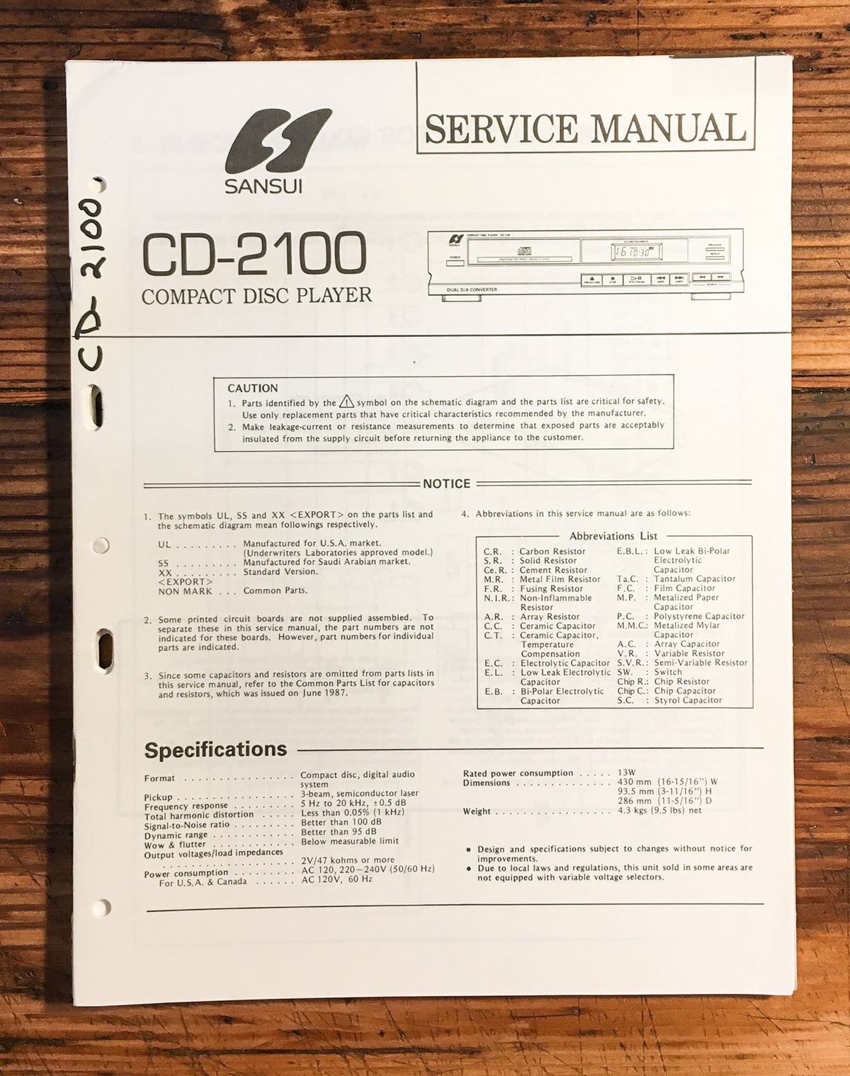 Sansui CD-2100 CD Player  Service Manual *Original*