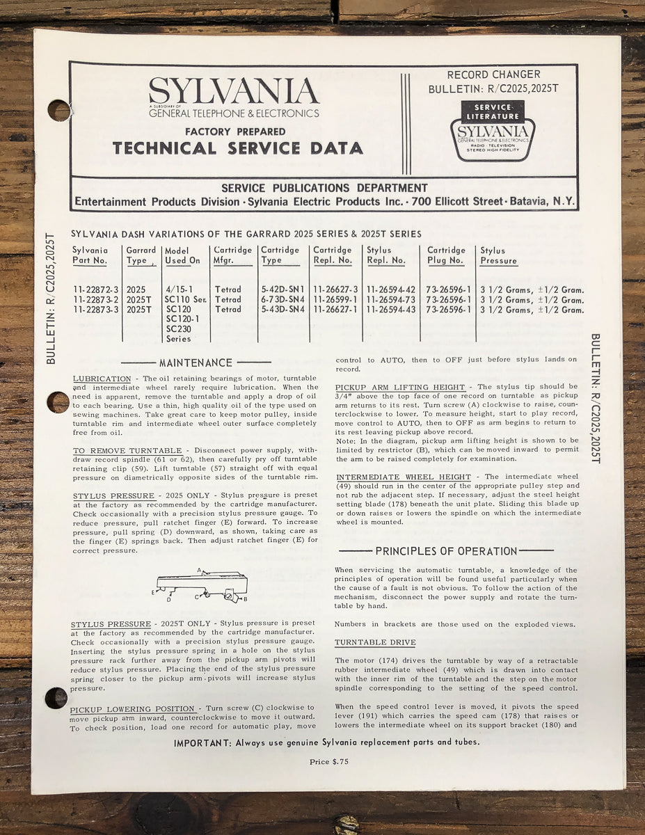 Sylvania / Garrard Model C2025 2025T Record Changer Service Manual *Original*