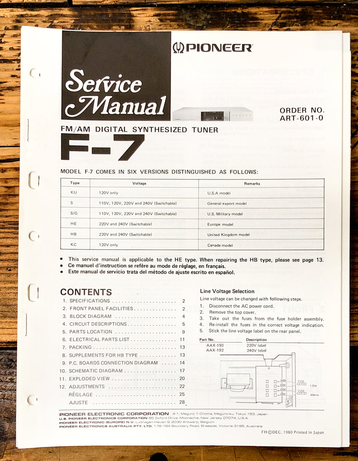 Pioneer F-7 Tuner Service Manual *Original*