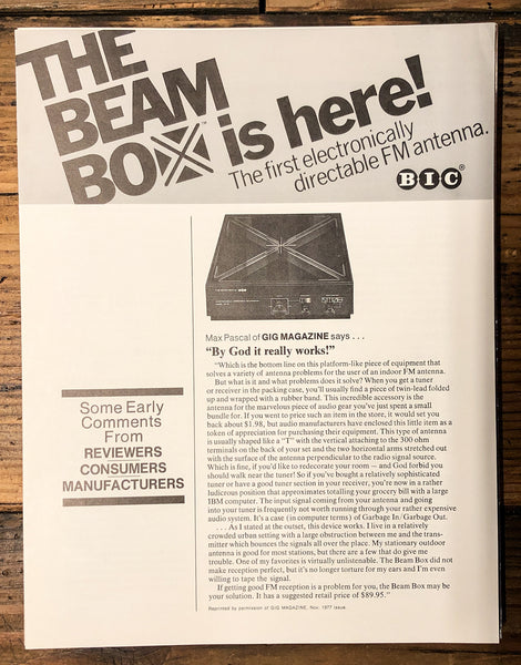 BIC BEAM BOX  FM Antenna 3pg Dealer Brochure *Orig*