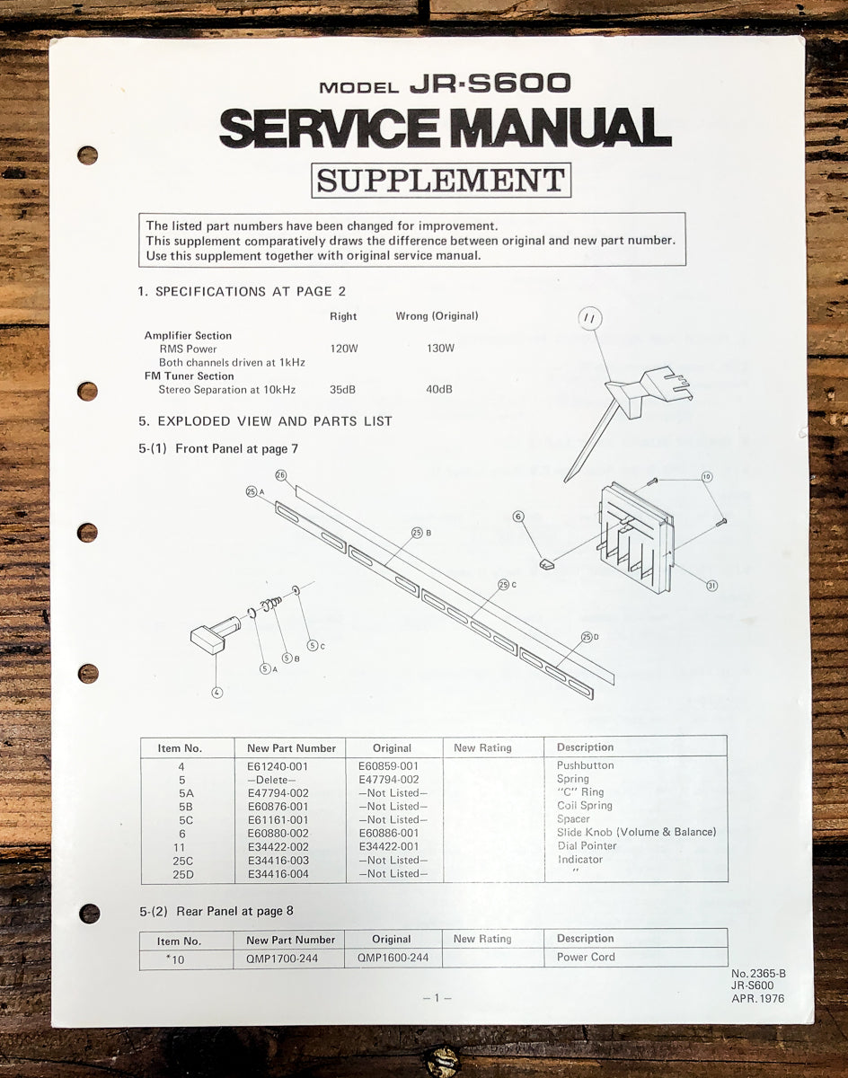 JVC JR-S600 Receiver Supp. Service Manual *Original*