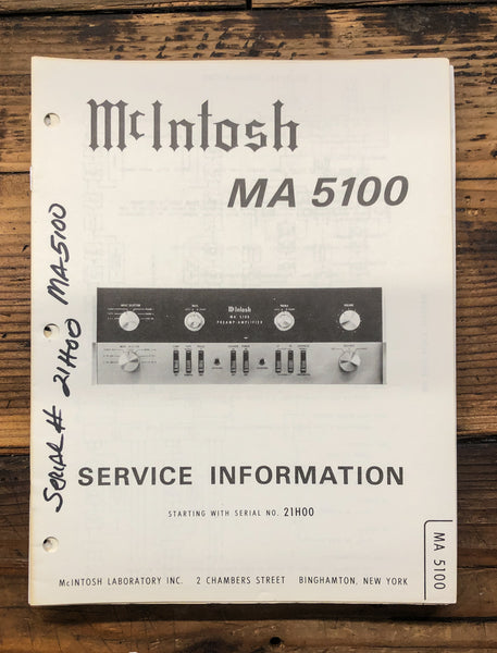 McIntosh MA5100 MA-5100 Amplifier  Service Manual *Original*