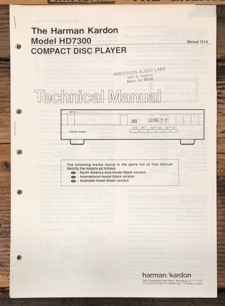 Harman Kardon HD7300 HD-7300 CD Player  Service Manual *Original*
