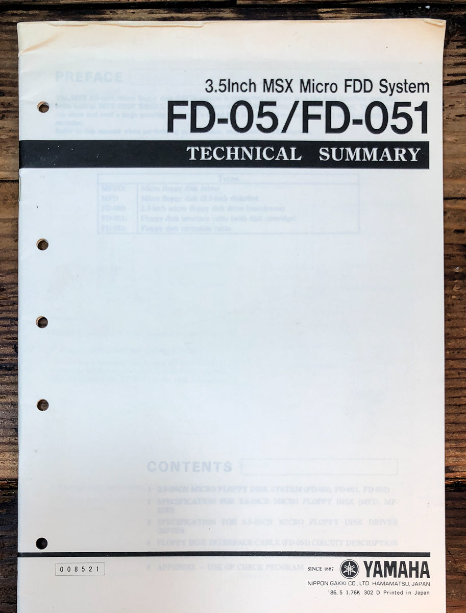 Yamaha FD-05 FD-051 MSX FDD System Technical Summary Manual *Original*