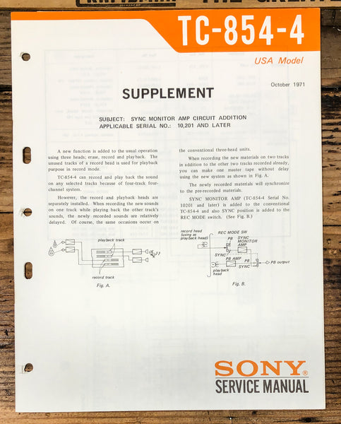 Sony TC-854-4 TC-854 4 Reel to Reel Supplement Service Manual *Original*