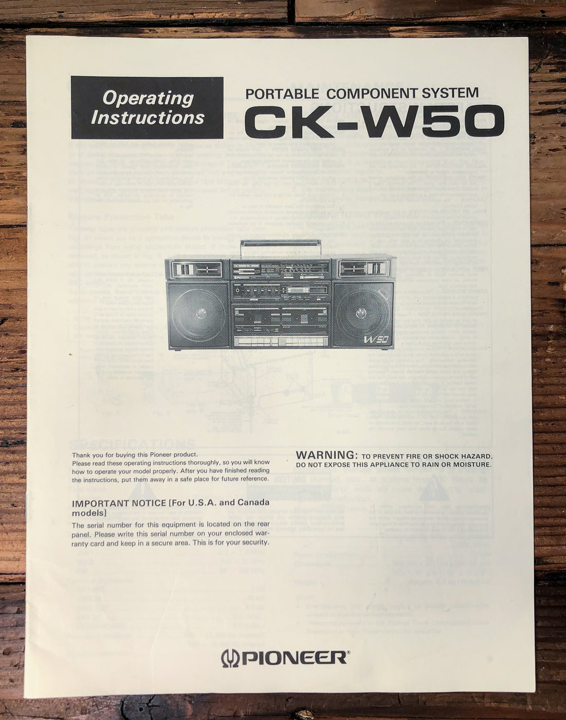 Pioneer CK-W50 Portable Component System Owners / User Manual *Original*