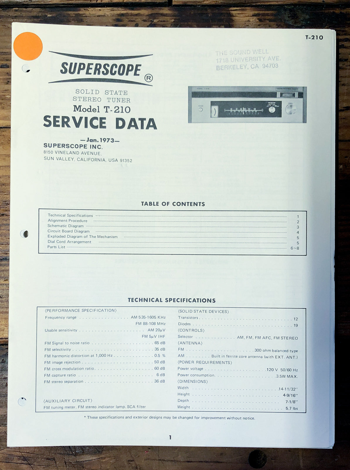 Superscope T-210 Tuner  Service Manual *Original*