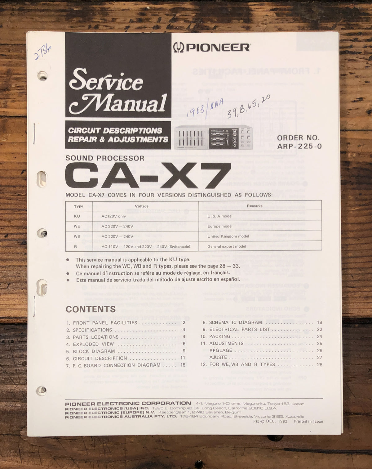 Pioneer CA-X7 Sound Processor  Service Manual *Original*