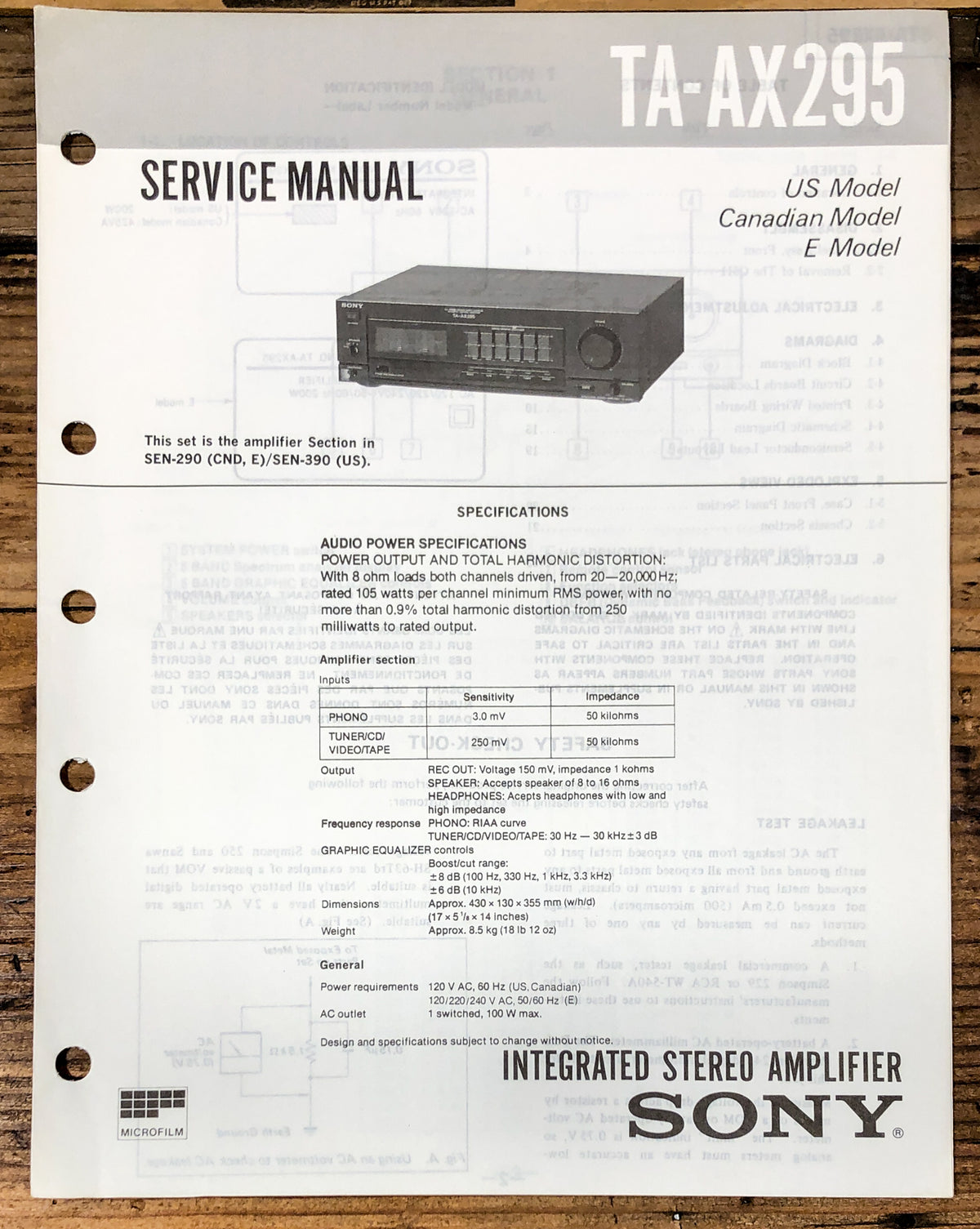 Sony TA-AX295 Amplifier  Service Manual *Original*