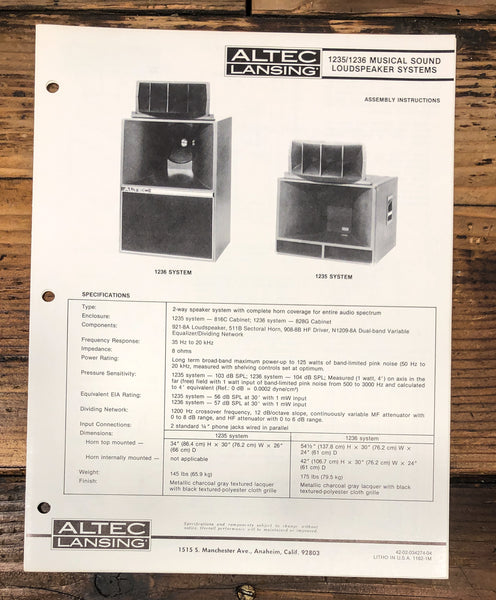 Altec Model 1235 1236 Speaker Service Manual *Original*