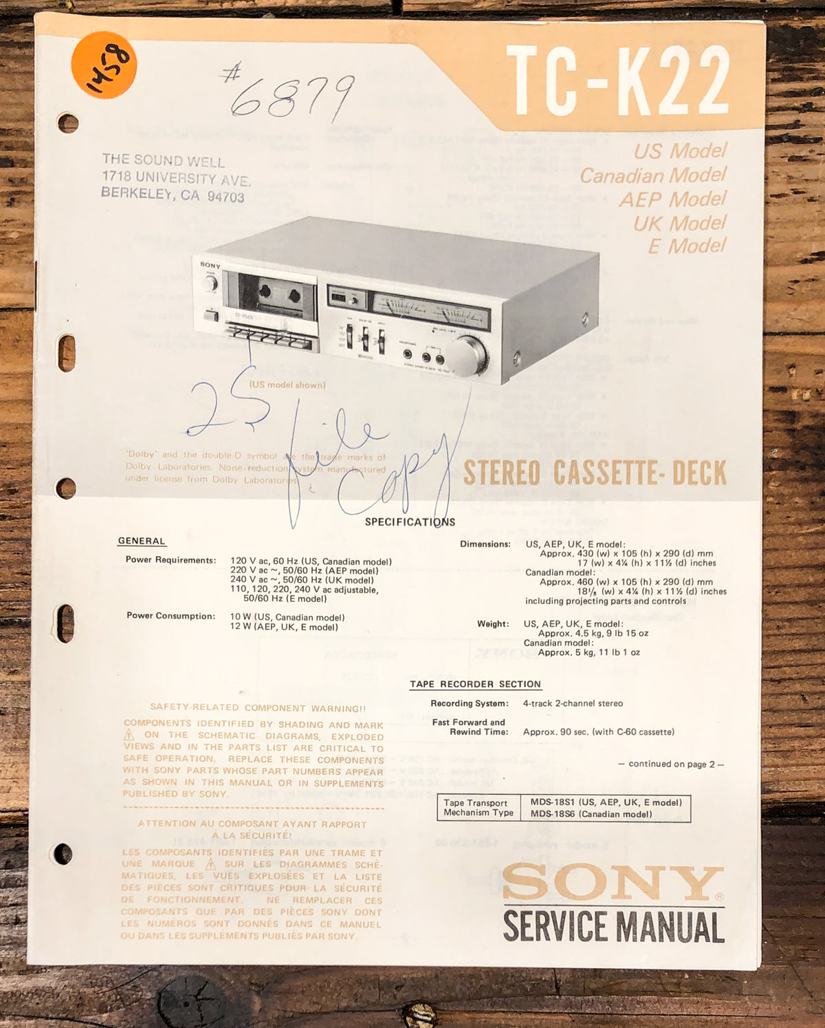 Sony TC-K22 Cassette Service Manual *Original*